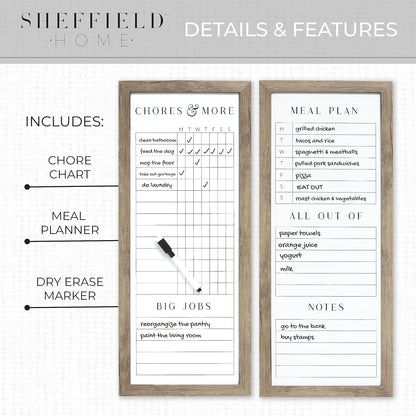 Sheffield Home Set of Two Family Planner Dry Erase Boards Featuring, Chore Chart, Shopping List, Weekly Meal Planner and Notes, 9x21 Inch, Natural