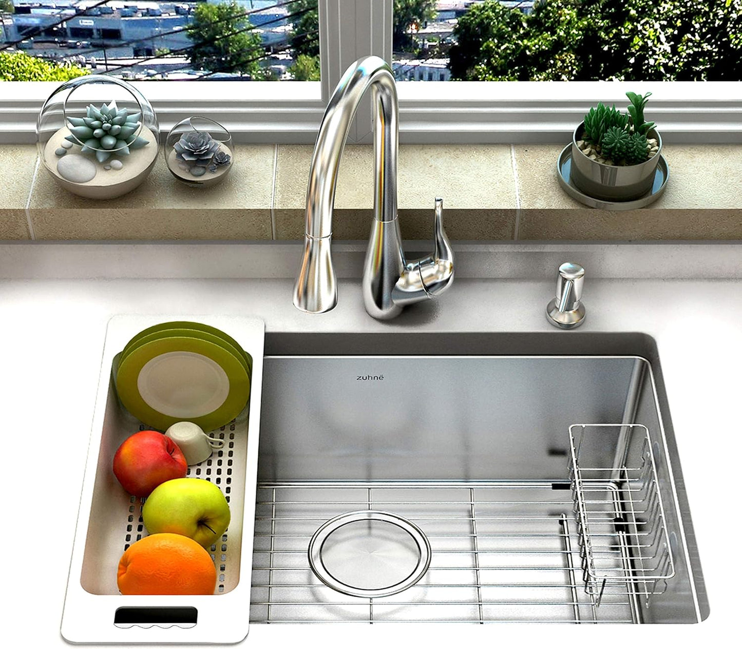 Zuhnë Reeva Sink Colander Strainer Set of 2, Food Grade Wheat Fiber Composite, BPA and Formaldehyde Free, Stackable Soak Rinse Bins, Non Slip Texture, Light Grey, Fits 15 to 17 in Sink Bowls
