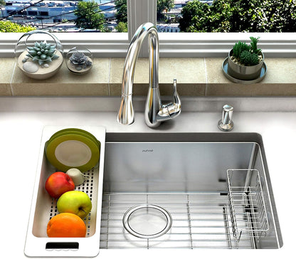 Zuhnë Reeva Over The Sink Colander Strainer Set of 2, Food Grade Wheat Fiber Composite, BPA Free, Stackable Soak Rinse Bins, Light Grey, Fits 15 to 17 in Sink Bowls