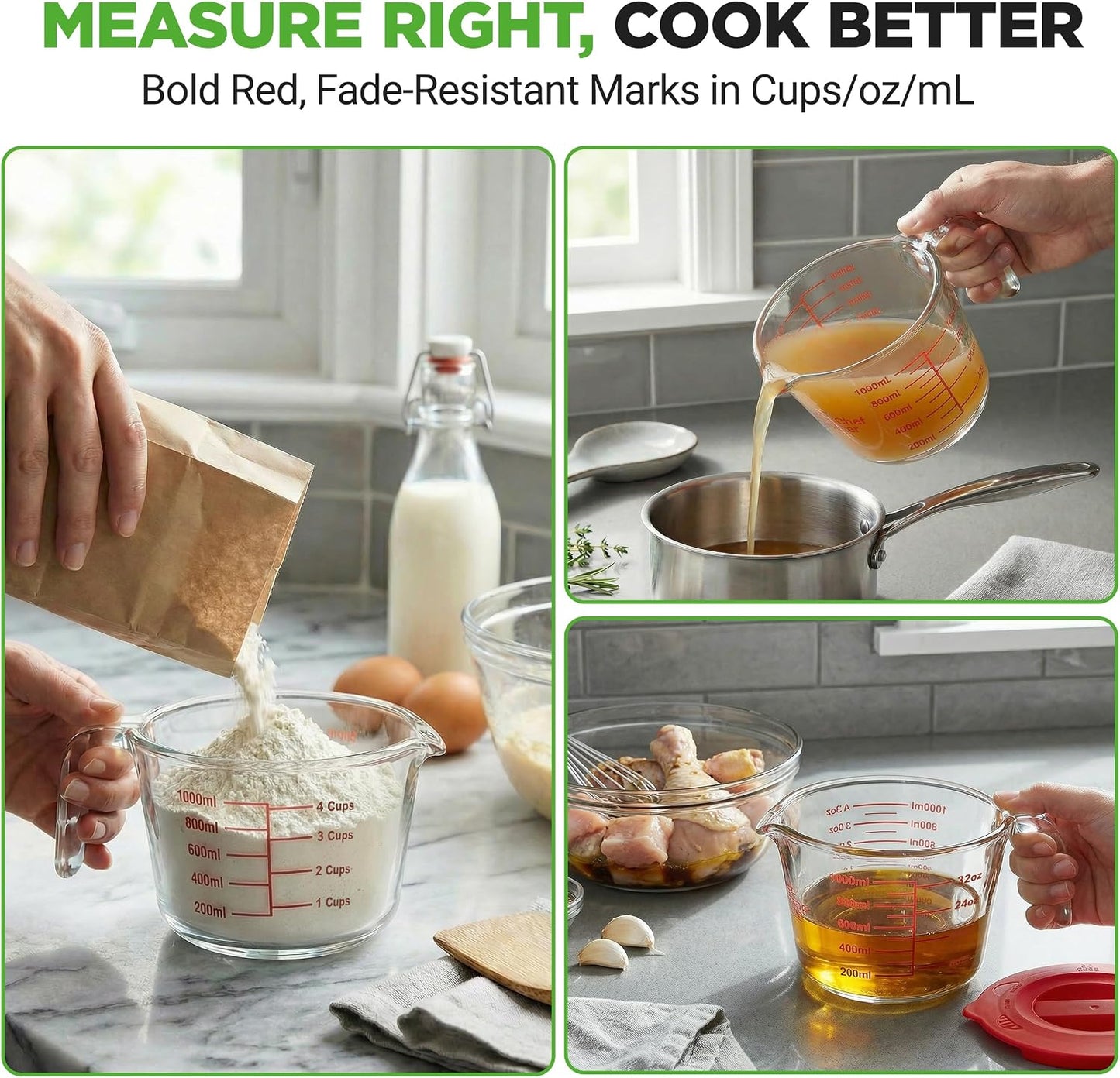 NutriChef 1,2 and 4 Cups Glass Measuring Cup Set with Lids (8, 17 and 34 oz) - Heat-Resistant Borosilicate Liquid Measure Cups with Easy-Read Scale for Cooking, Baking & Food Storage, Dishwasher Safe