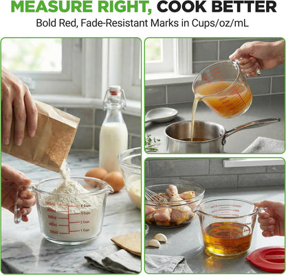 NutriChef 1,2 and 4 Cups Glass Measuring Cup Set with Lids (8, 17 and 34 oz) - Heat-Resistant Borosilicate Liquid Measure Cups with Easy-Read Scale for Cooking, Baking & Food Storage, Dishwasher Safe