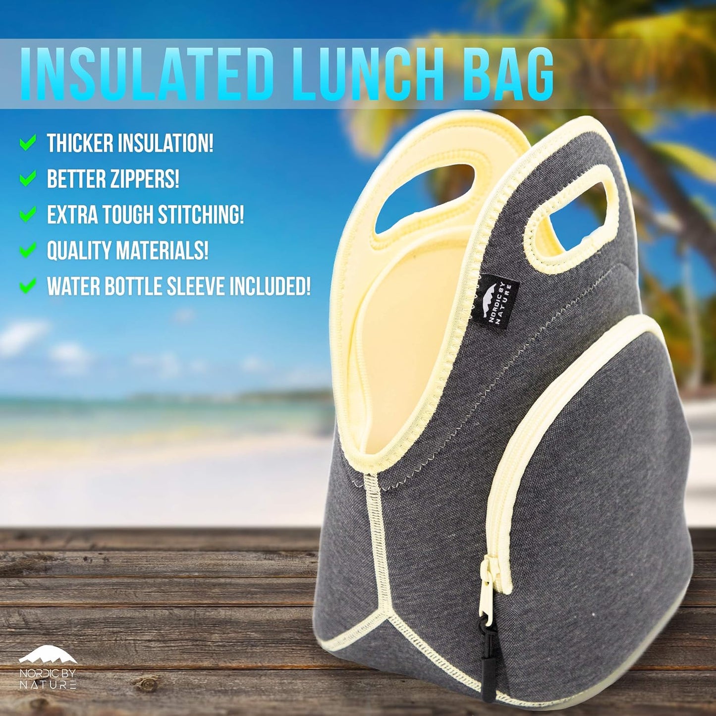 Nordic By Nature Large Neoprene Lunch Bag for Women & Lunch tote for Kids Insulated Lunch bag Reusable Washable Extra Thick Neoprene & Soft Cotton Feel, Premium Stitching, Outside Pocket, (L) Black