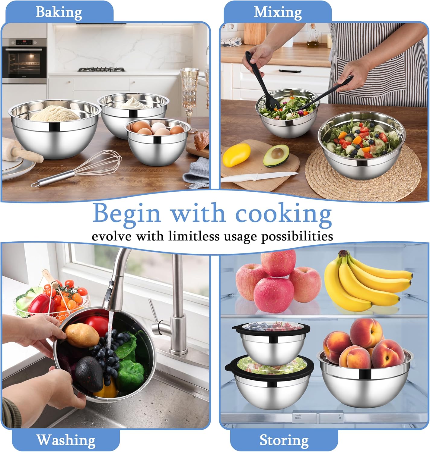 LIANYU Mixing Bowls with Airtight Lids Sets, 3 Packs Stainless Steel Metal Mixing Bowls, Ideal for Prepping, Cooking, Storage, Serving, Freezer & Dishwasher Safe, Khaki
