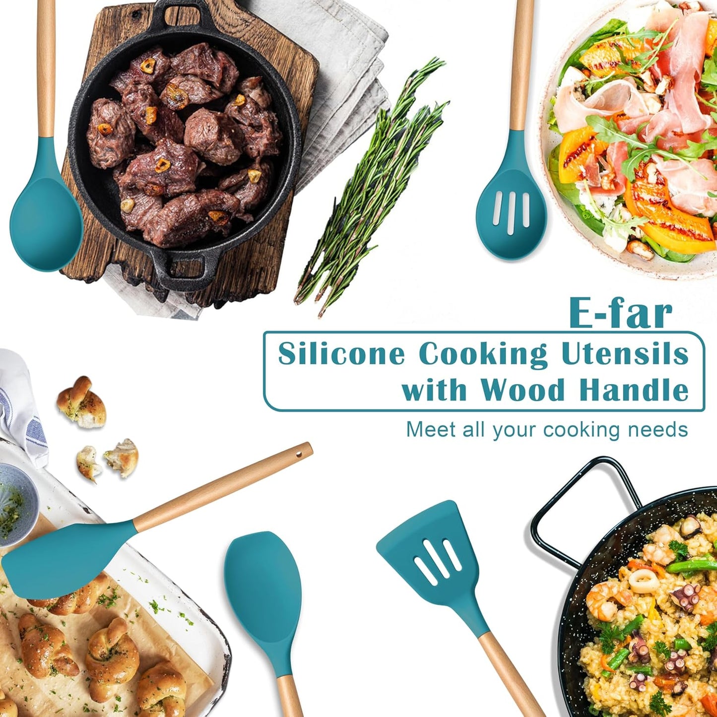 E-far Silicone Cooking Utensils Set, 5-Piece Kitchen Utensils Set with Wooden Handle for Cooking, Silicone Kitchen Nonstick Tools Spatula Turner Slotted Spoons, Nontoxic & Heat Resistant-Khaki