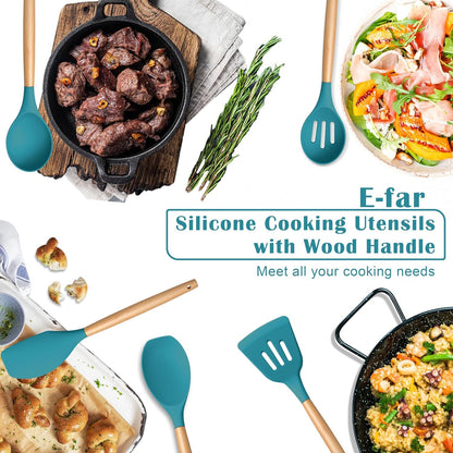 E-far Silicone Cooking Utensils Set, 5-Piece Kitchen Utensils Set with Wooden Handle for Cooking, Silicone Kitchen Nonstick Tools Spatula Turner Slotted Spoons, Nontoxic & Heat Resistant-Khaki