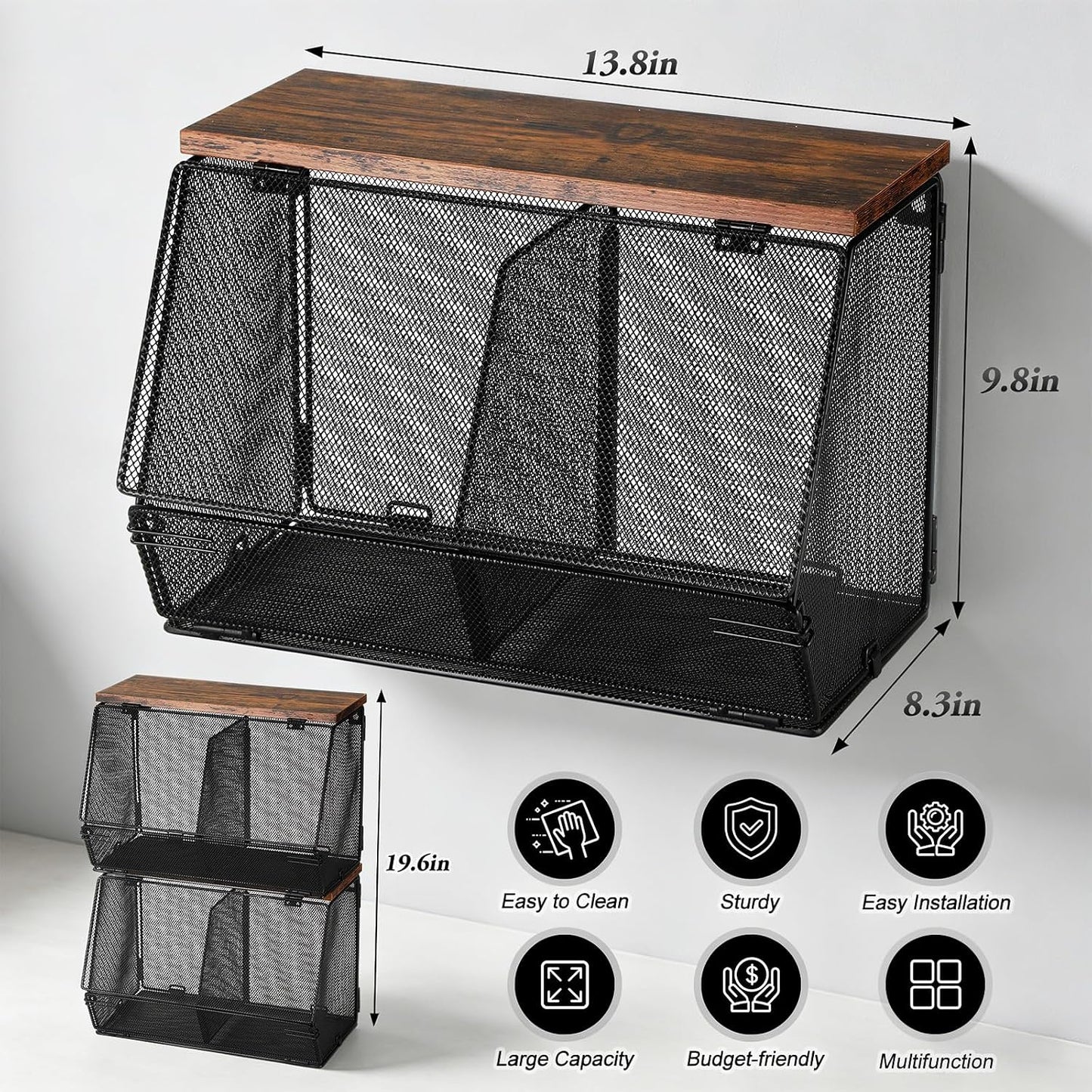 Teenyyou 2 Pcs Stackable Mesh Fruit Basket with Lid Wall Produce Vegetable Storage Basket Onion Potato Hanging Metal Wire Container for Kitchen Counter Pantry(Non-removable,Black,8.3" w & 13.8" l)