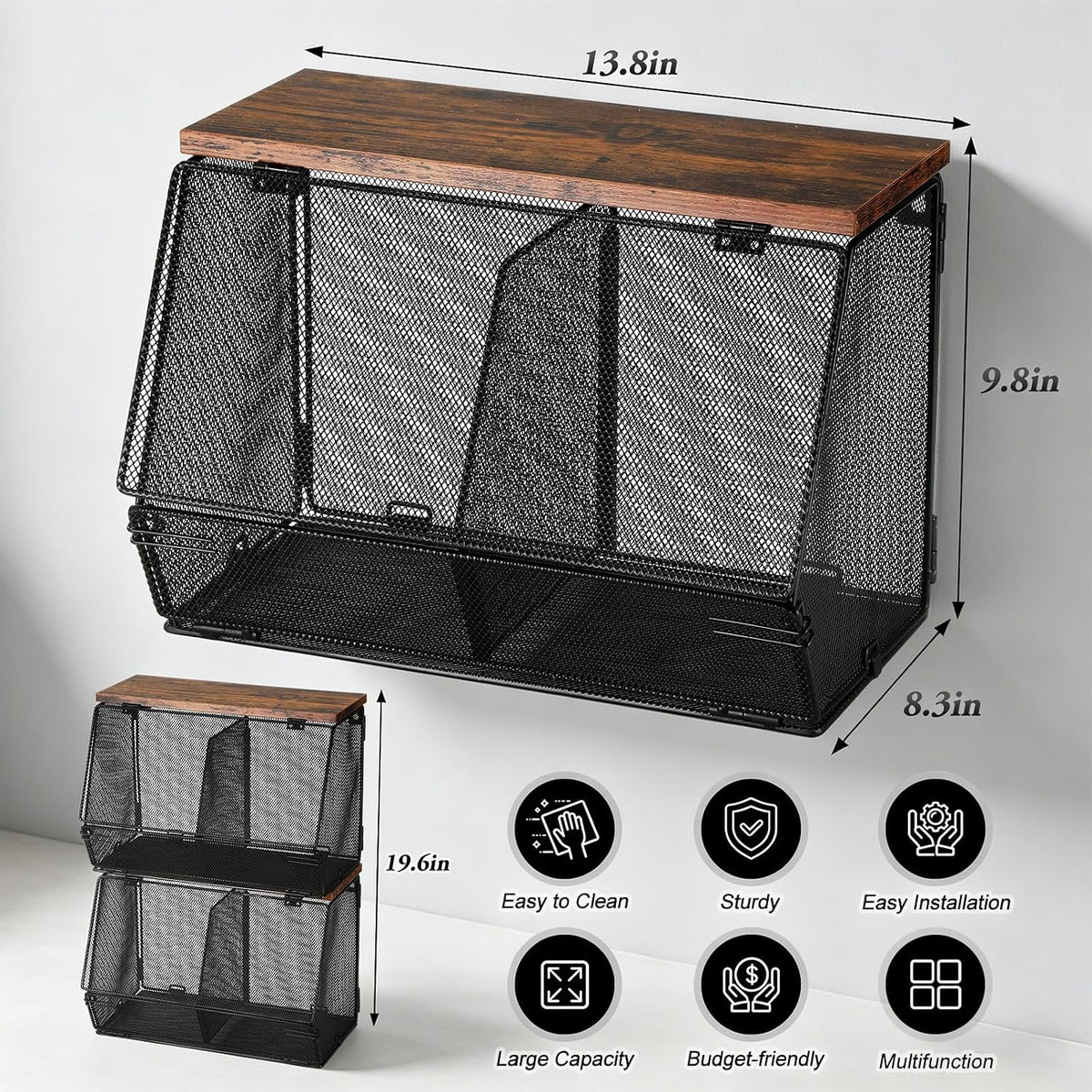 Teenyyou 2 Pcs Stackable Mesh Fruit Basket with Lid Wall Produce Vegetable Storage Basket Onion Potato Hanging Metal Wire Container for Kitchen Counter Pantry(Non-removable,Black,8.3" w & 13.8" l)