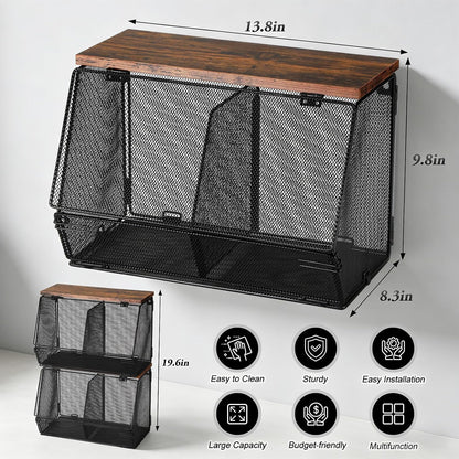 Teenyyou 2 Pcs Stackable Mesh Fruit Basket with Lid Wall Produce Vegetable Storage Basket Onion Potato Hanging Metal Wire Container for Kitchen Counter Pantry(Non-removable,Black,8.3" w & 13.8" l)