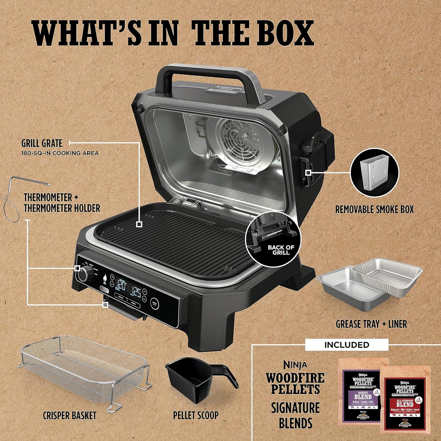 Ninja | Grill & Smoker | Outdoor Woodfire Pro XL | 4 in 1 Grill, BBQ Smoker, Air Fryer & Bake | Portable | Includes Built in Thermometer & 2 Woodfire Pellet Packs | Dark Grey | OG850