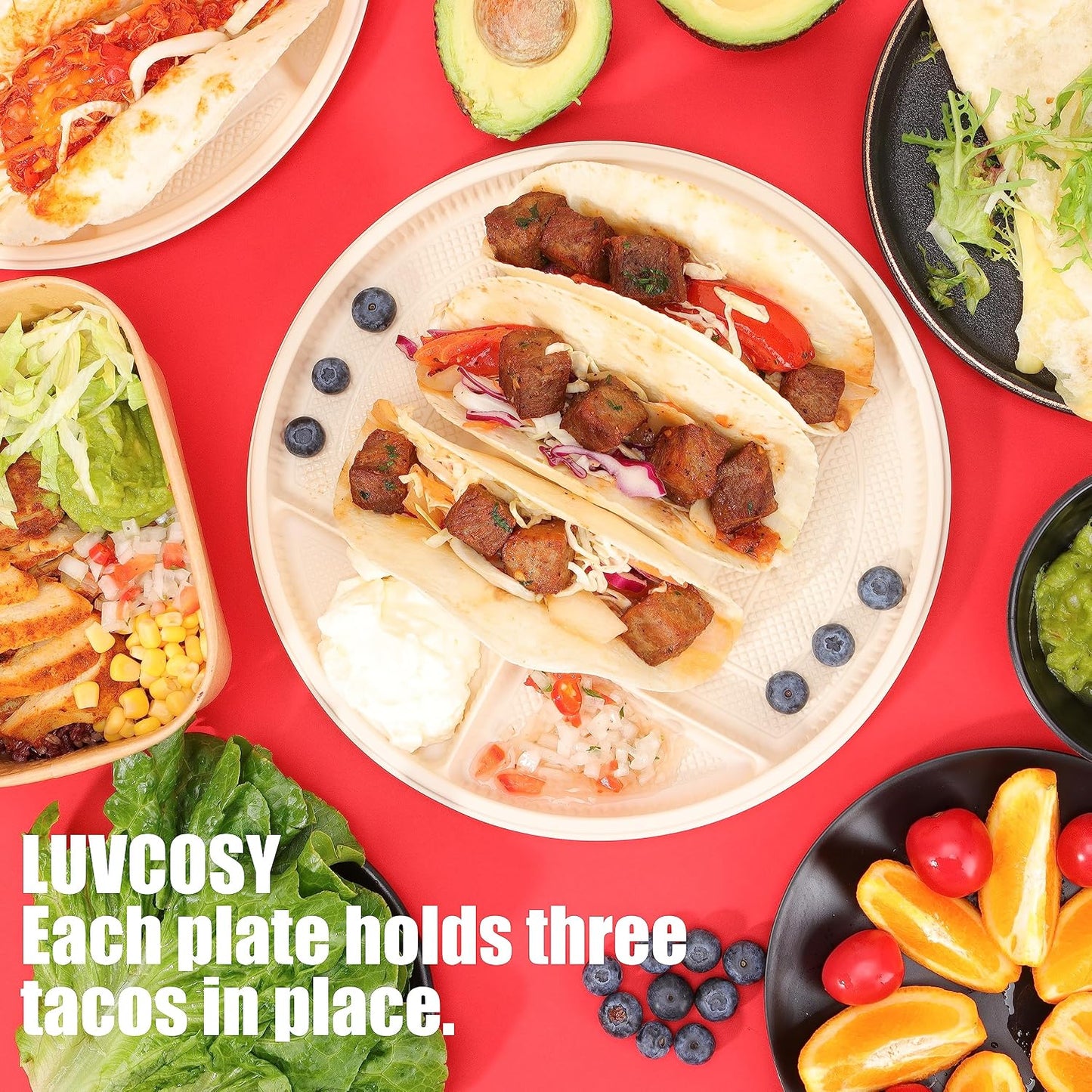 Small Disposable Taco Plates With Dipping Sides - 50 Pack, Biodegradable Cornstarch Taco Holder, Mini Size Fit 4-6 Inch Street Tortilla Shells, Sturdy & Microwave Safe, Bar Serving Set For A Party