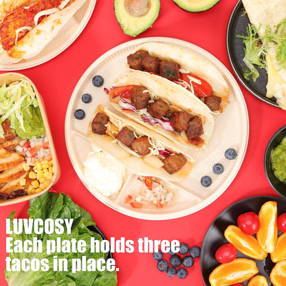 Small Disposable Taco Plates With Dipping Sides - 50 Pack, Biodegradable Cornstarch Taco Holder, Mini Size Fit 4-6 Inch Street Tortilla Shells, Sturdy & Microwave Safe, Bar Serving Set For A Party