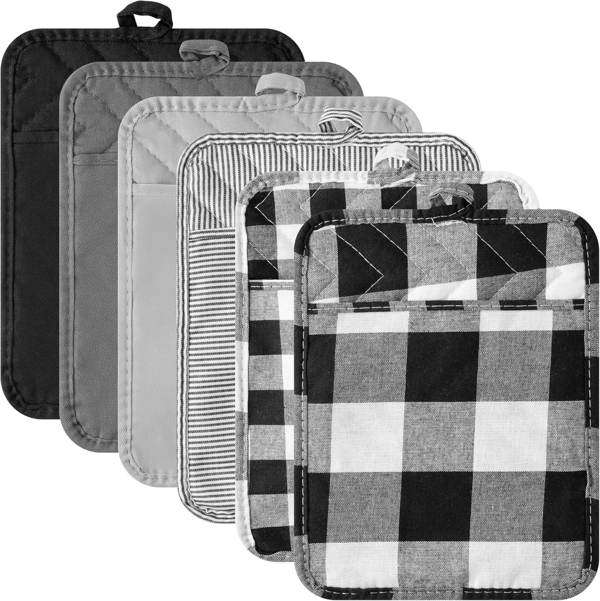 R HORSE 6Pcs Black Pot Holders with Pocket for Kitchen, 7''x 9''