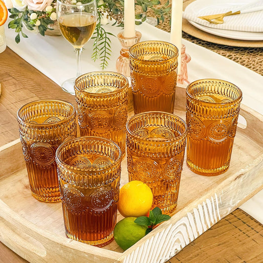 Kate Aspen Vintage Textured Aqua Blue Striped Drinking Glasses Set of 6-13 oz Ribbed Glassware with Flower Design | Cocktail Set, Juice Glass, Water Tumbler