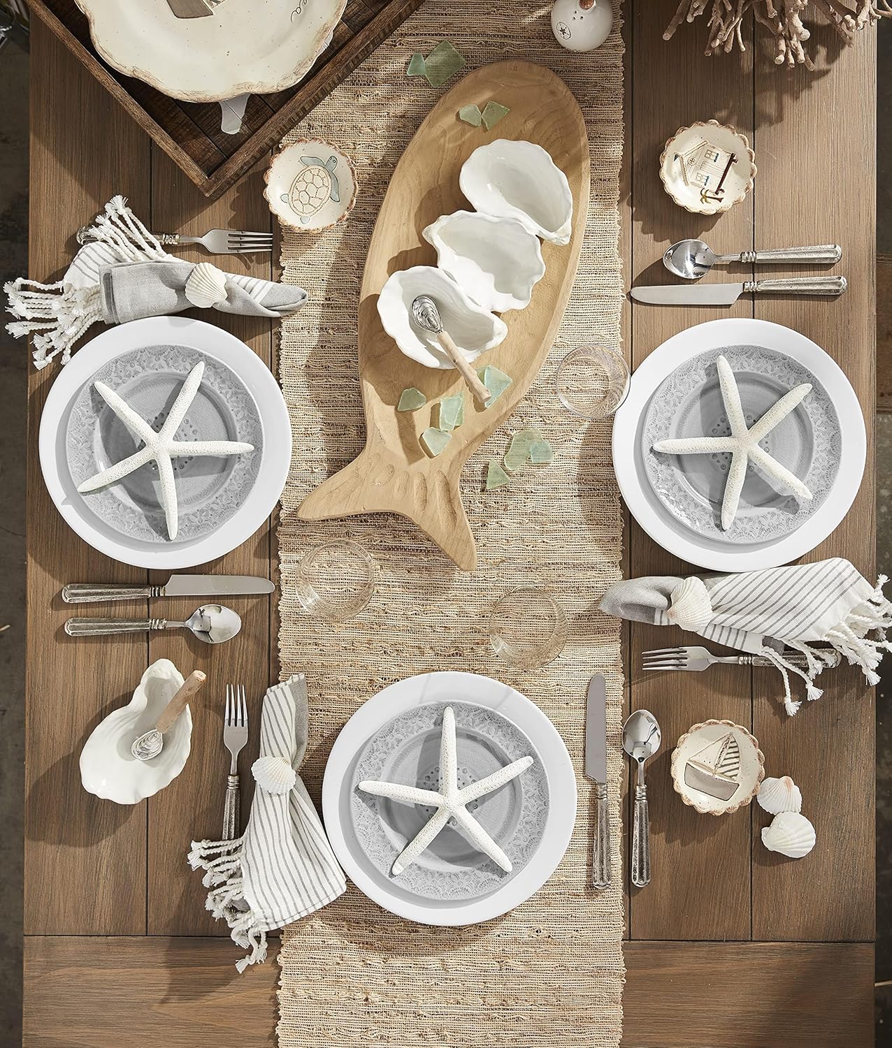 Mud Pie Oyster Shaped Triple Dip and Serving Set, White, 10.25" x 5.5"