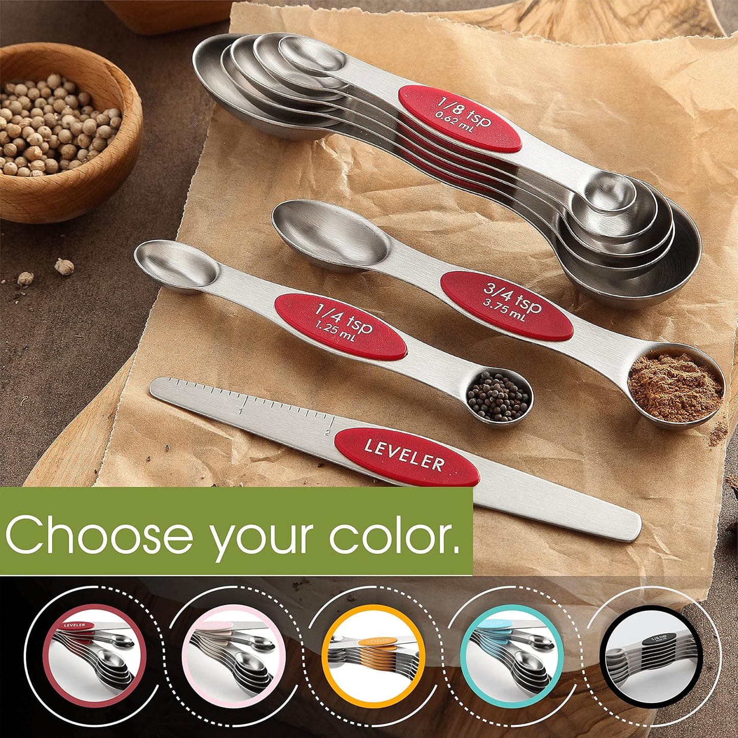 Spring Chef Stainless Steel Magnetic Measuring Spoons Set with Strong N45 Magnets, Heavy Duty Metal Kitchen Gadgets for Baking & Cooking, Fits in Most Kitchen Spice Jars, Set of 8 with Leveler, Black