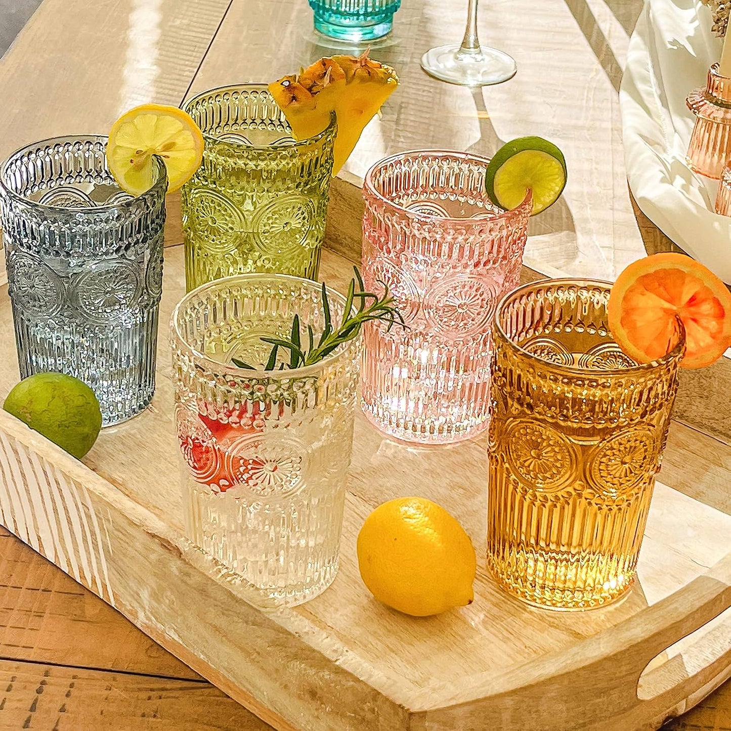 Kate Aspen Vintage Textured Aqua Blue Striped Drinking Glasses Set of 6-13 oz Ribbed Glassware with Flower Design | Cocktail Set, Juice Glass, Water Tumbler