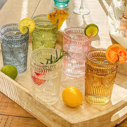 Kate Aspen Vintage Textured Aqua Blue Striped Drinking Glasses Set of 6-13 oz Ribbed Glassware with Flower Design | Cocktail Set, Juice Glass, Water Tumbler