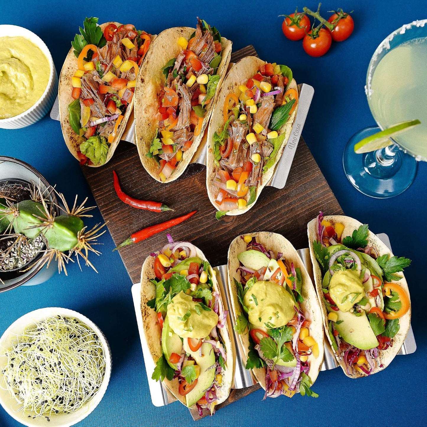 Uno Casa Metal Taco Holder Set of 6 - U-Shaped Taco Holders for Griddle - Stainless Steel, Dishwasher Safe, Suitable for Oven - Perfect for Party & Fun Gatherings - Recipe Book Included