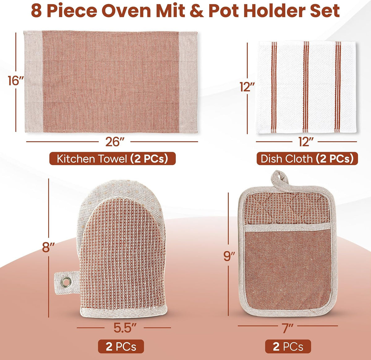 Casa Platino Potholders for Kitchens, 8-Piece – 500°F Heat Resistant Oven Mitts and Pot Holders, Mini Oven Mitt with Silicone Grip, 2 Kitchen Towels & 2 Dish Cloths – Durable & Non-Slip – Canyon Rose