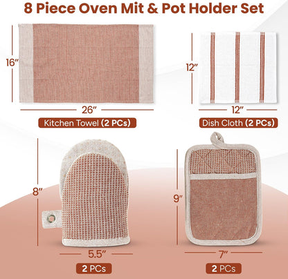 Casa Platino Potholders for Kitchens, 8-Piece – 500°F Heat Resistant Oven Mitts and Pot Holders, Mini Oven Mitt with Silicone Grip, 2 Kitchen Towels & 2 Dish Cloths – Durable & Non-Slip – Canyon Rose