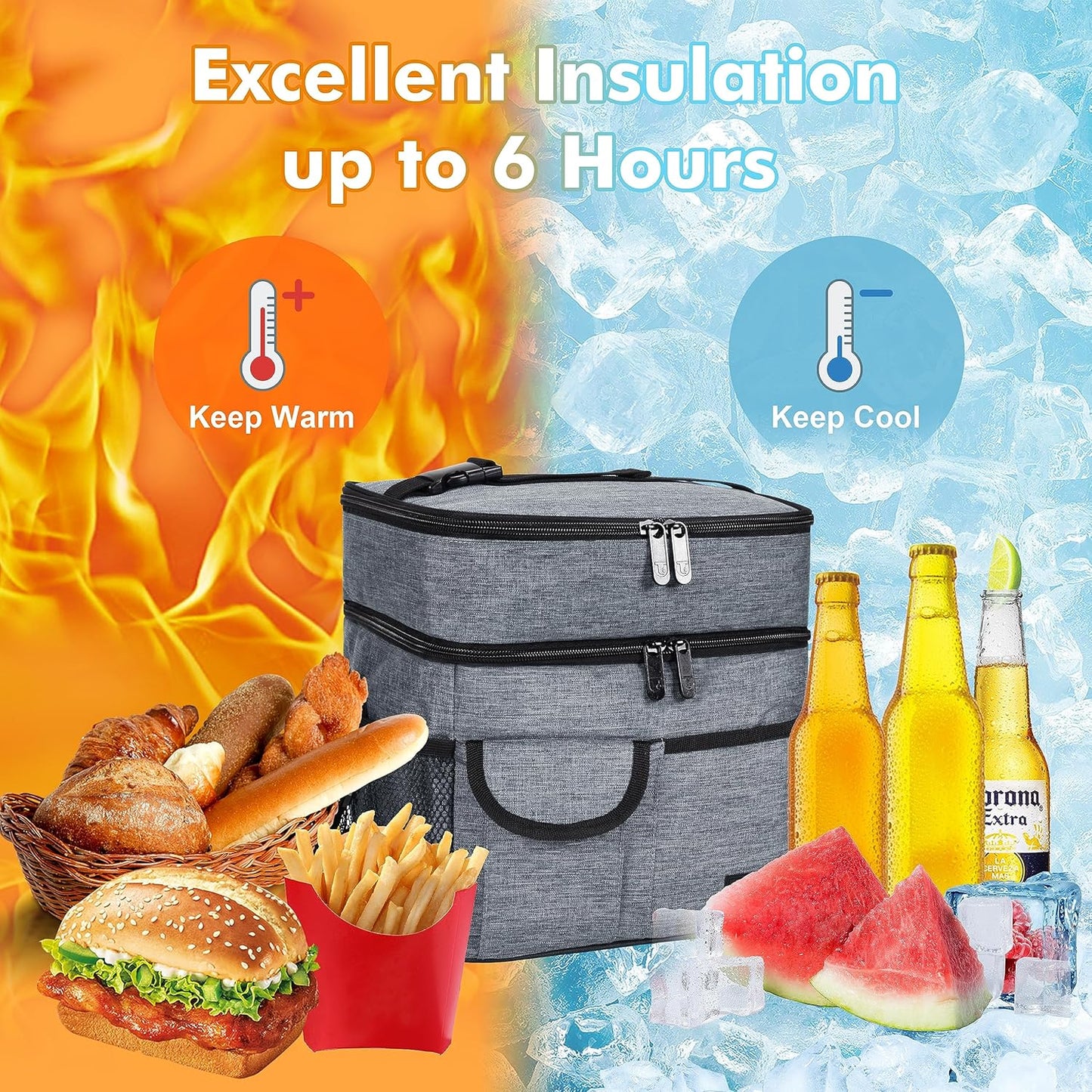 Tirrinia Insulated Lunch Bag for Women Men, Leakproof Lunch Box Containers for Adult, Work, School, Soft Lunchbox for Kids,Boys, Adult Cooler Bag for Picnic Hiking Beach,Charcoal
