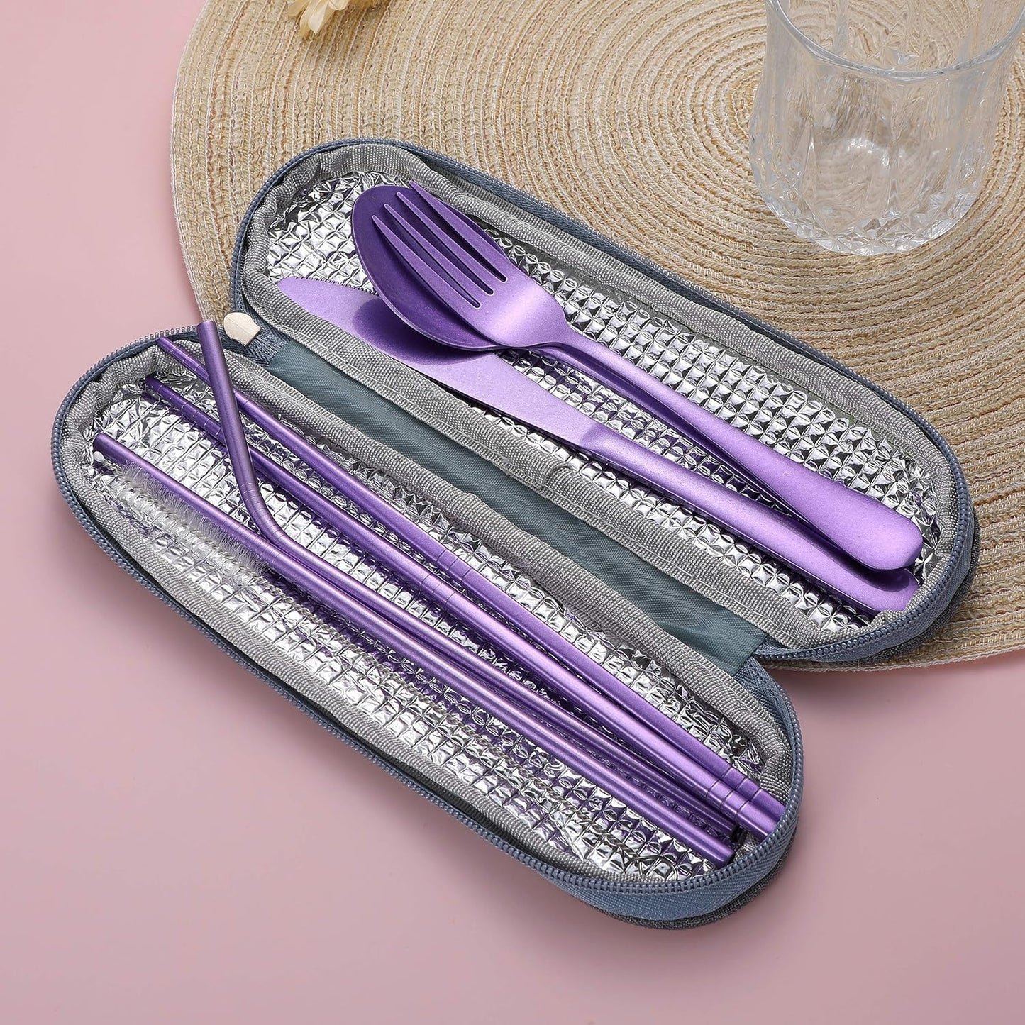 Portable Stainless Steel Flatware Set, Travel Camping Cutlery Set, Portable Utensil Travel Silverware Dinnerware Set with a Waterproof Case (Pink)