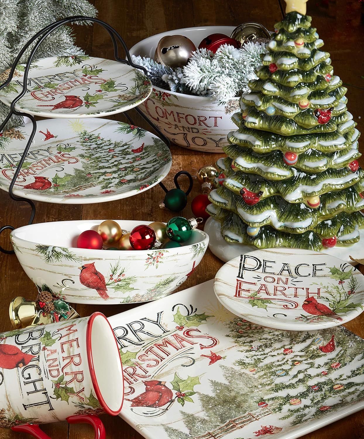 Evergreen Christmas 16x12 Rectangular Serving Platter with Santa & Tree Design – Festive Holiday Ceramic Tray for Roasts, Cookies, Charcuterie, and Holiday Entertaining – Set a Merry Table