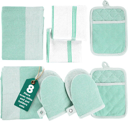 Casa Platino Potholders for Kitchens, 8-Piece – 500°F Heat Resistant Oven Mitts and Pot Holders, Mini Oven Mitt with Silicone Grip, 2 Kitchen Towels & 2 Dish Cloths – Durable & Non-Slip – Canyon Rose