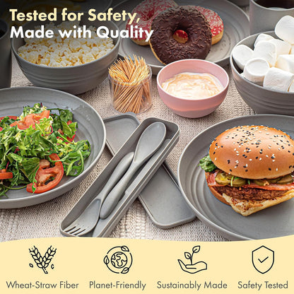 FOODLE Wheat Straw Dinnerware Set - BPA Free & Safety Tested - Microwave & Dishwasher Safe Dishes - Perfect for Camping, Picnic, RV, Dorm - Plates, Cups and Bowls - Great for Kids & Adults - For 4