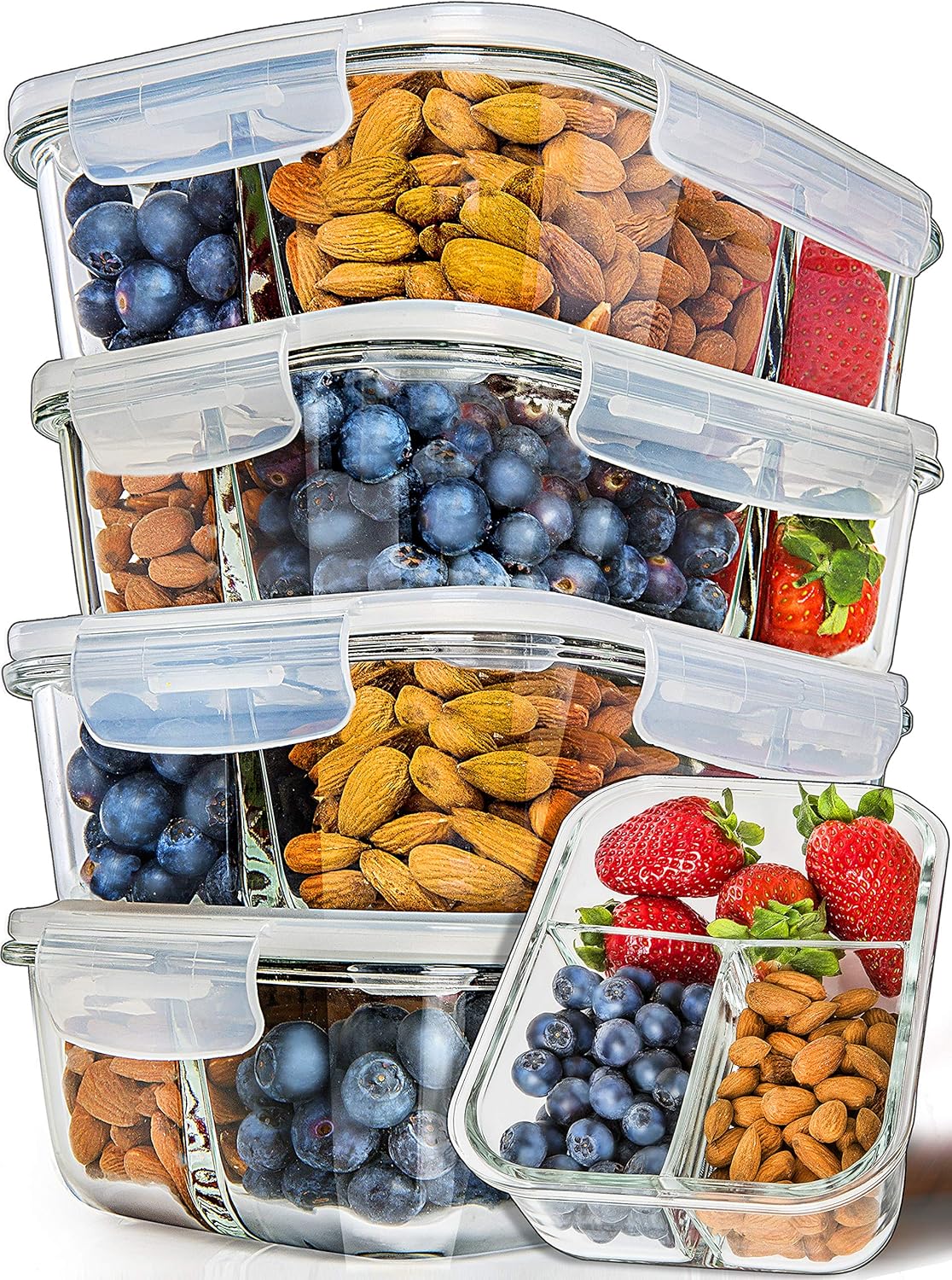 PrepNaturals 5 Pack 30 Oz Glass Meal Prep Containers - Dishwasher Microwave Freezer Oven Safe - Glass Storage Containers with Lids (Multi-Compartment)