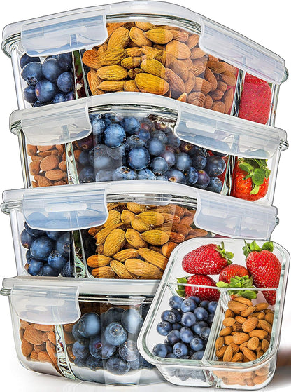 PrepNaturals 5 Pack 30 Oz Glass Meal Prep Containers - Dishwasher Microwave Freezer Oven Safe - Glass Storage Containers with Lids (Multi-Compartment)