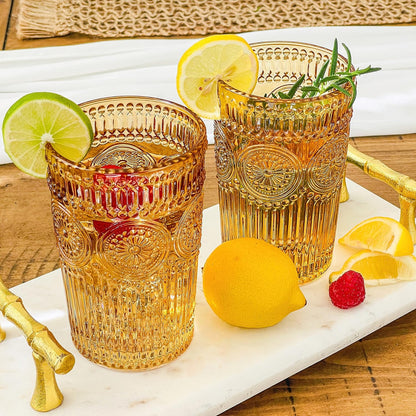Kate Aspen Vintage Textured Aqua Blue Striped Drinking Glasses Set of 6-13 oz Ribbed Glassware with Flower Design | Cocktail Set, Juice Glass, Water Tumbler