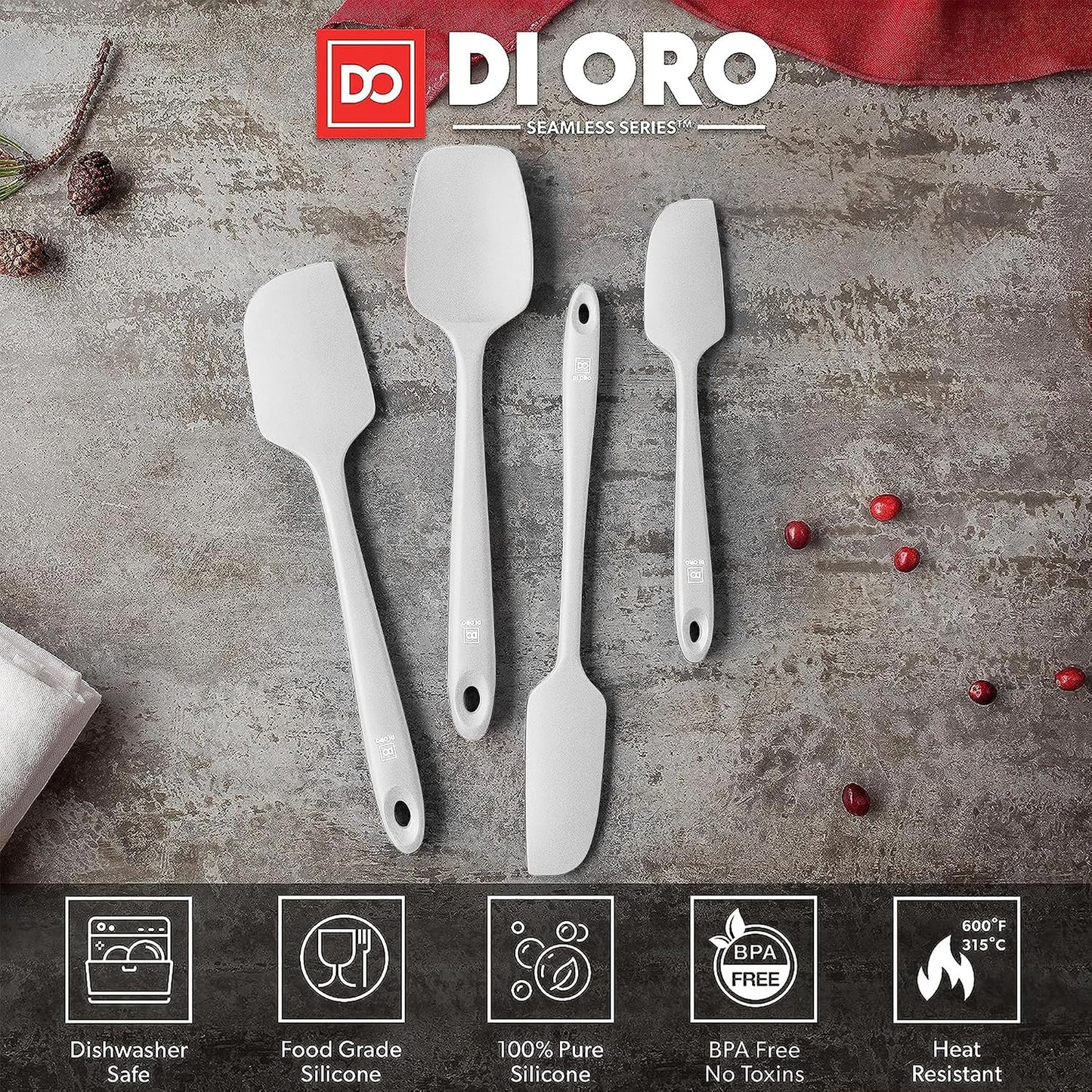DI ORO Silicone Spatula Set - Rubber Kitchen Spatulas for Baking, Cooking, & Mixing - 600°F Heat-Resistant & BPA Free Silicone Scraper Spatulas for Nonstick Cookware - Dishwasher Safe (4pc, Black)