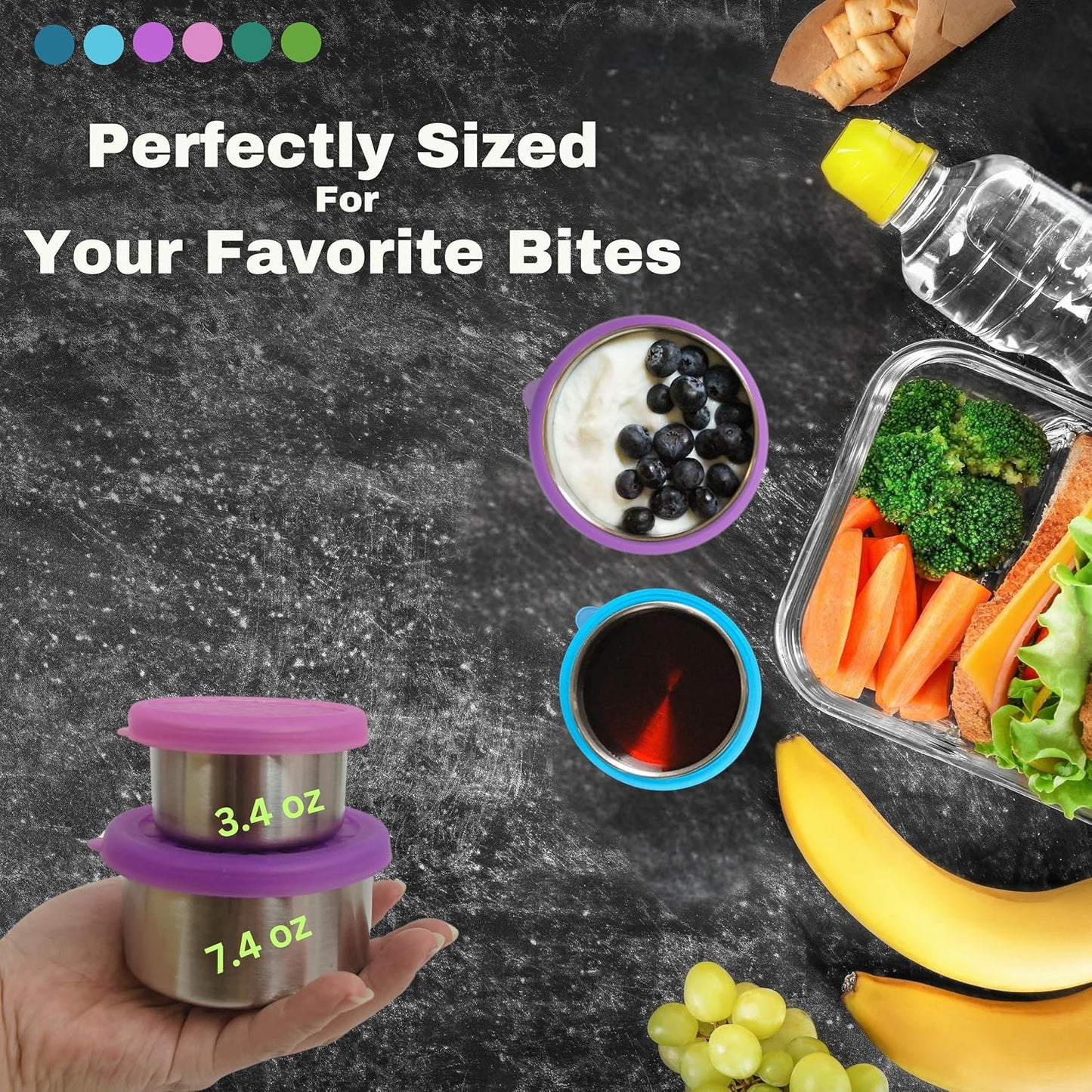 Alpine Elevation 12 Pcs - 6 Stainless Steel Containers + 6 Silicone Lids | 304 Stainless Steel Snack Container | Nesting Snack and Dip Containers | Metal Food Storage