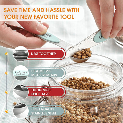 Spring Chef Stainless Steel Magnetic Measuring Spoons Set with Strong N45 Magnets, Heavy Duty Metal Kitchen Gadgets for Baking & Cooking, Fits in Most Kitchen Spice Jars, Set of 8 with Leveler, Black