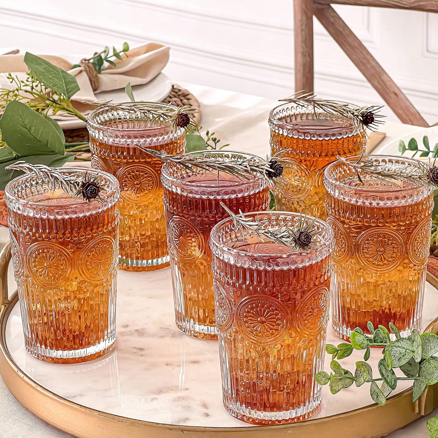 Kate Aspen Vintage Textured Aqua Blue Striped Drinking Glasses Set of 6-13 oz Ribbed Glassware with Flower Design | Cocktail Set, Juice Glass, Water Tumbler