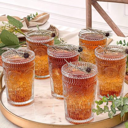 Kate Aspen Vintage Textured Aqua Blue Striped Drinking Glasses Set of 6-13 oz Ribbed Glassware with Flower Design | Cocktail Set, Juice Glass, Water Tumbler