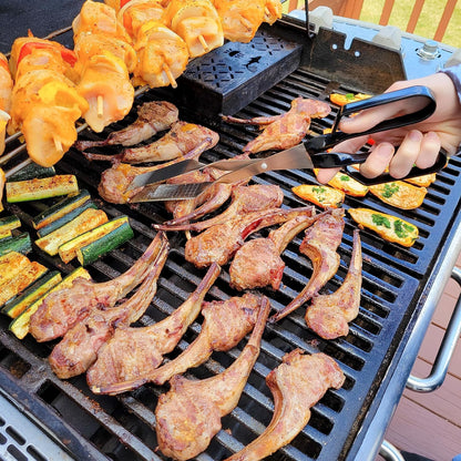 Steak Grill Tongs - 17 inch Red. Professional outdoor grilling utensil. Long reach Barbeque Grilling Tongs. Ideal for steak, fish, burger, and sausage
