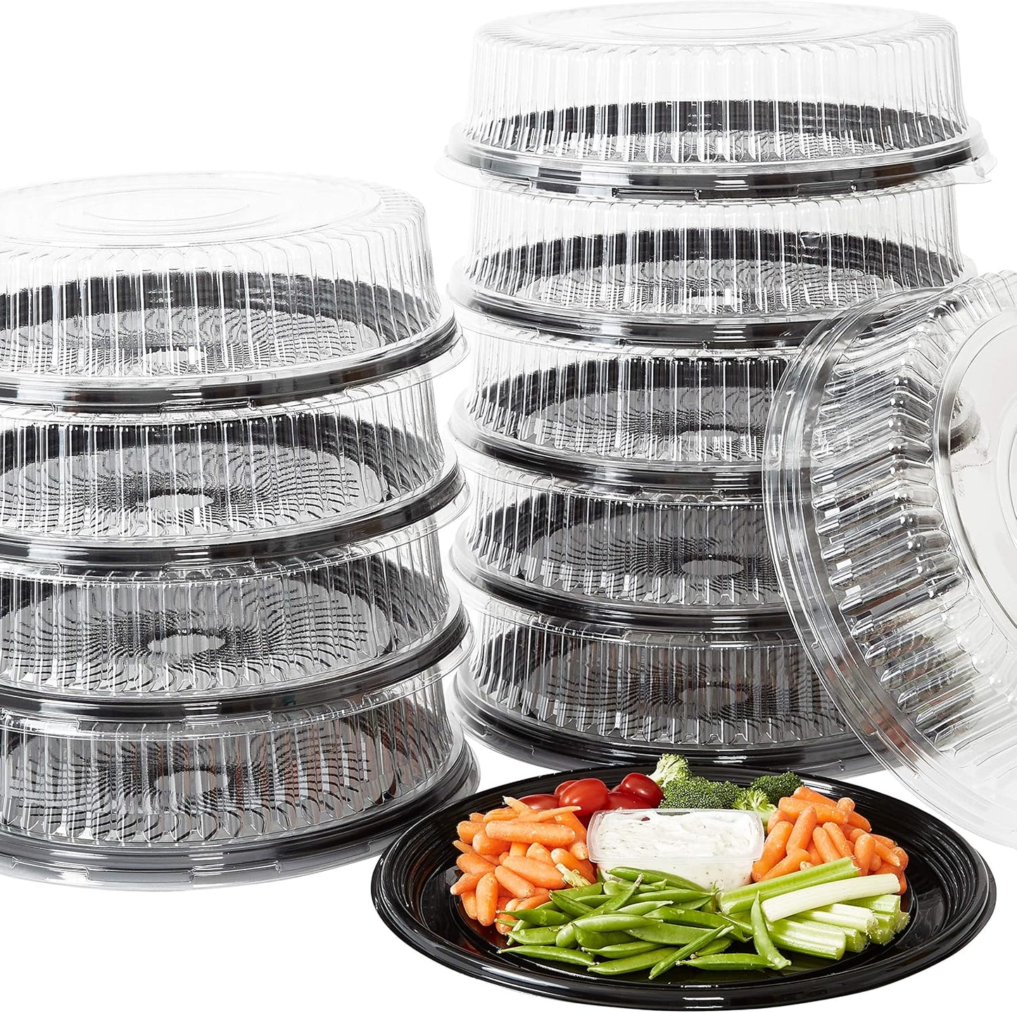 Avant Grub Heavy Duty, Recyclable 12 in. Serving Tray and Lid 5pk. Large, Black Plastic Party Platters with Clear Lids Dishware Plate, Elegant Round Banquet or Catering Trays for Serving Appetizers