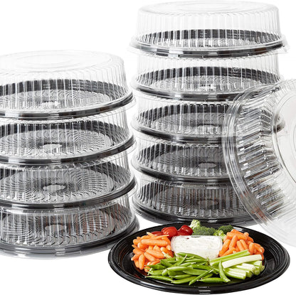 Avant Grub Heavy Duty, Recyclable 12 in. Serving Tray and Lid 5pk. Large, Black Plastic Party Platters with Clear Lids Dishware Plate, Elegant Round Banquet or Catering Trays for Serving Appetizers