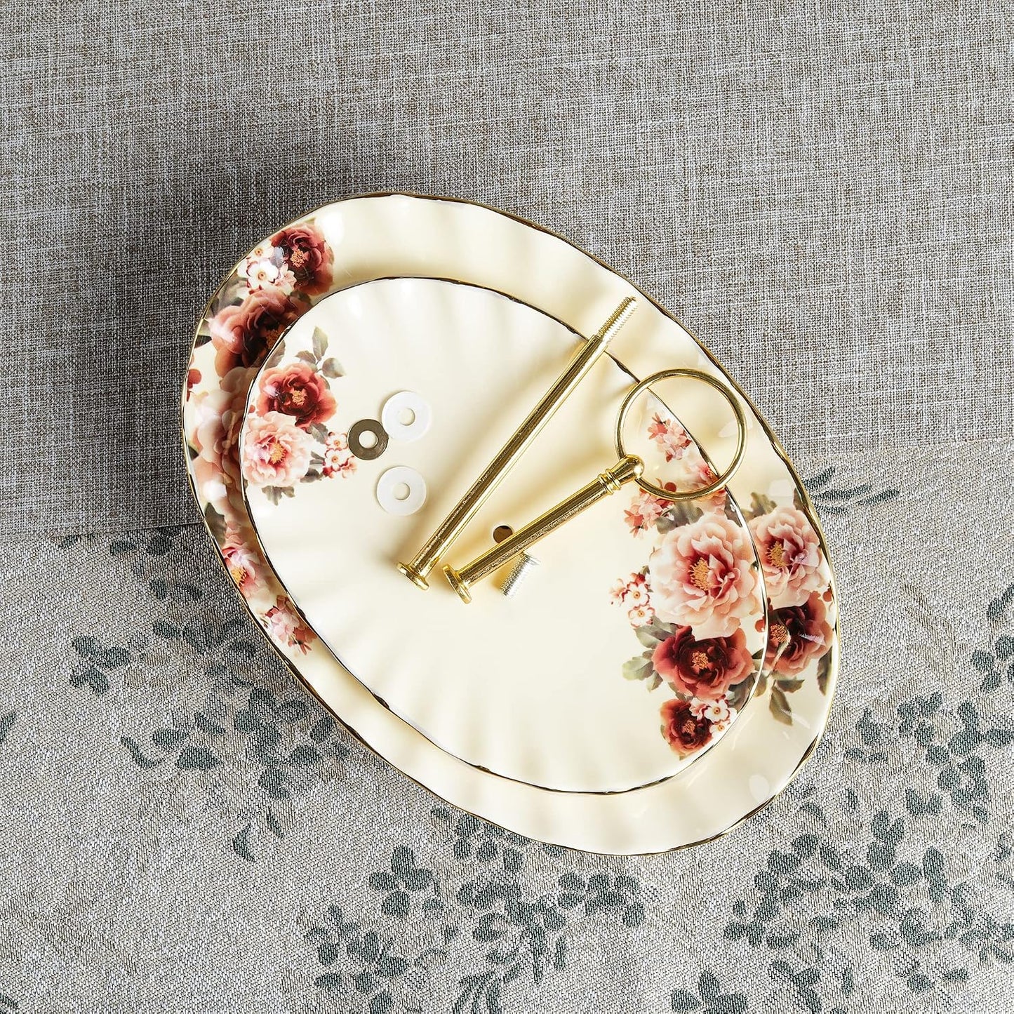 fanquare 3 Compartment Platter, Gold Porcelain Appetizer Serving Tray, Floral Ceramic Divided Serving Plate for Fruit, Candy, Nuts