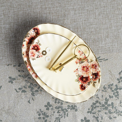 fanquare 3 Compartment Platter, Gold Porcelain Appetizer Serving Tray, Floral Ceramic Divided Serving Plate for Fruit, Candy, Nuts
