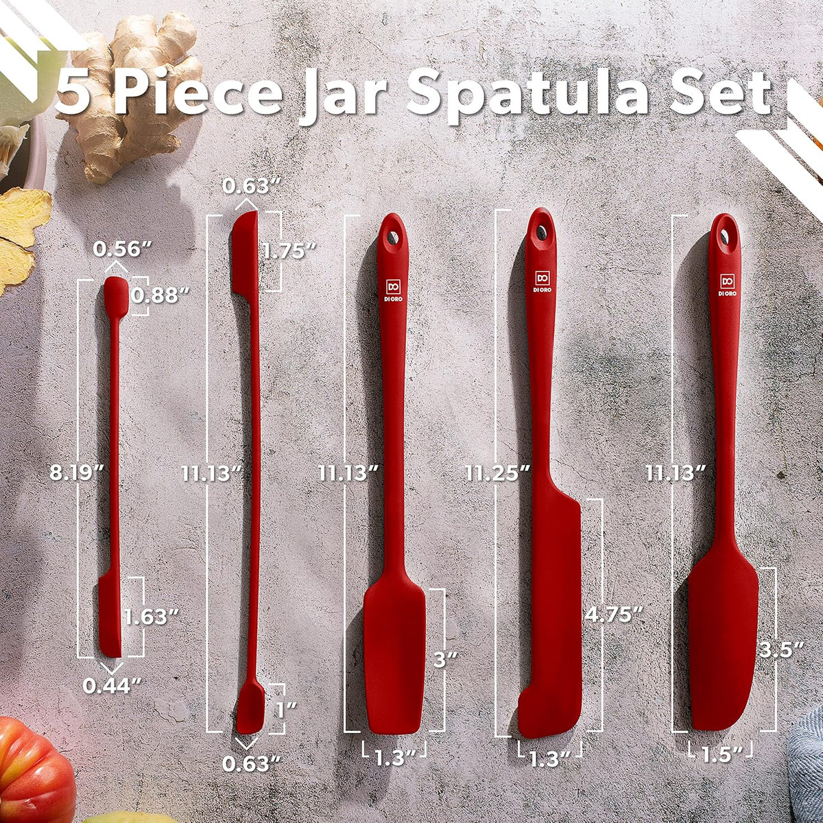DI ORO Silicone Jar Spatula Set - 600F Heat Resistant, 5-Pc Red