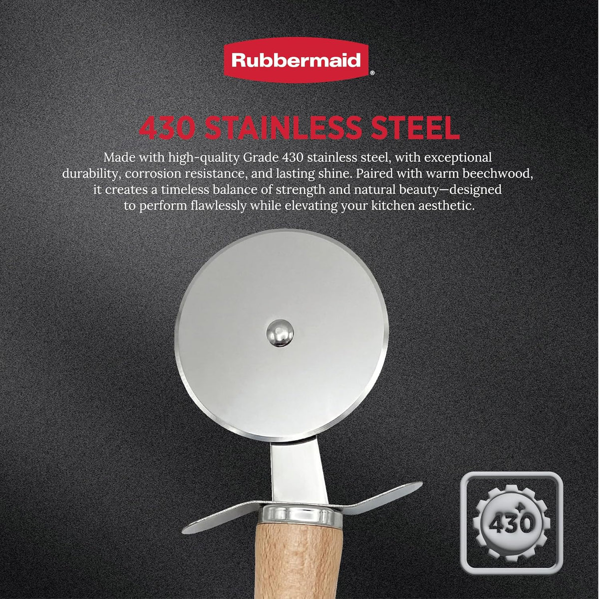 Rubbermaid Beechwood Pizza Cutter Wheel, Heavy Duty Sharp Pizza Slicer for Pizza, Dough, Pie Crust, Pastries | Stainless Steel Blade with Built In Finger Guard | Beechwood & Stainless Steel Collection