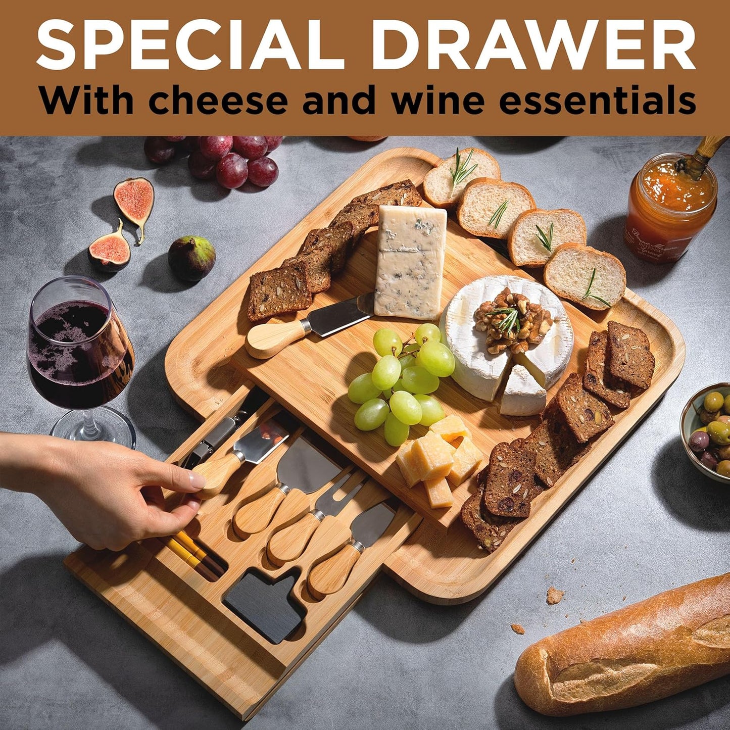 Bambüsi Charcuterie Boards - Large Bamboo Charcuterie Board Set with Knives Serving Accessories, Cheese Tray - House Warming Gifts New Home, Wedding Gift, Bridal Shower Gifts, Birthday Gifts Women Men