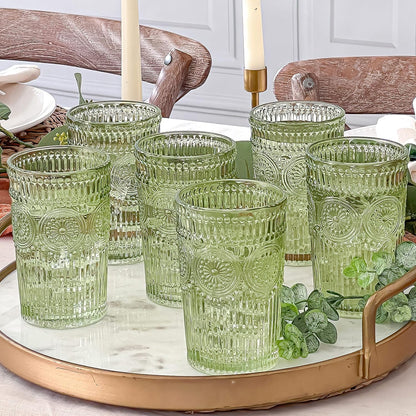 Kate Aspen Vintage Textured Aqua Blue Striped Drinking Glasses Set of 6-13 oz Ribbed Glassware with Flower Design | Cocktail Set, Juice Glass, Water Tumbler