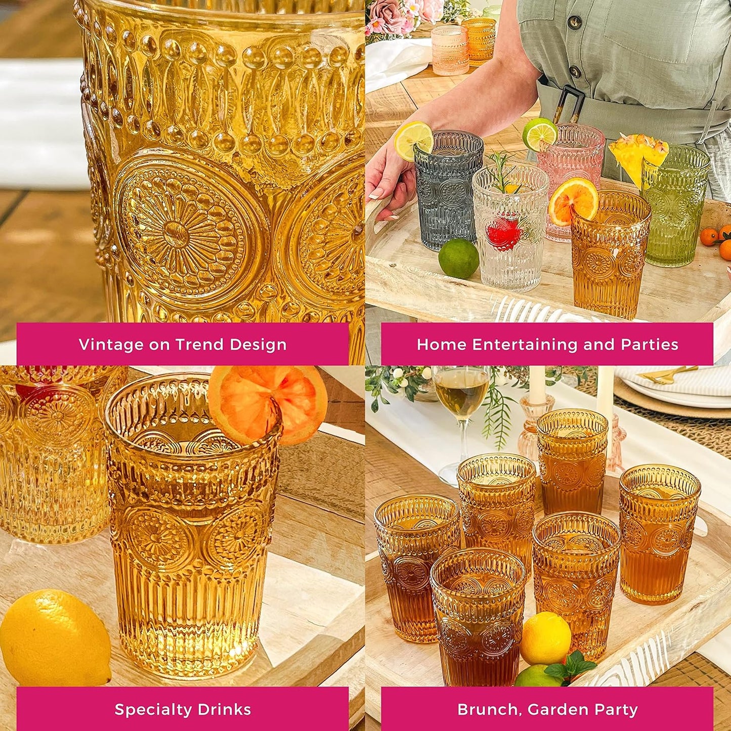 Kate Aspen Vintage Textured Aqua Blue Striped Drinking Glasses Set of 6-13 oz Ribbed Glassware with Flower Design | Cocktail Set, Juice Glass, Water Tumbler