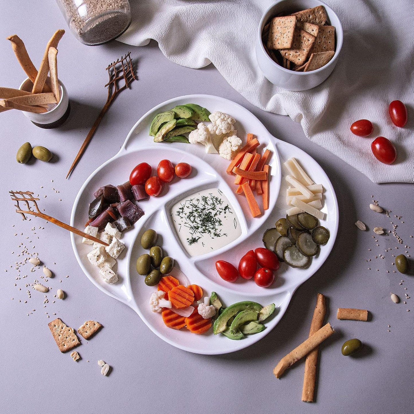 1 Ecology Reusable Non Disposable White Veggie Tray for Partys. 13 in, Unbreakable Melamine Not Plastic. Appetizer Sectioned Platter. Vegetables and Fruits. Chip and Dip Serving Dish for entertaining.