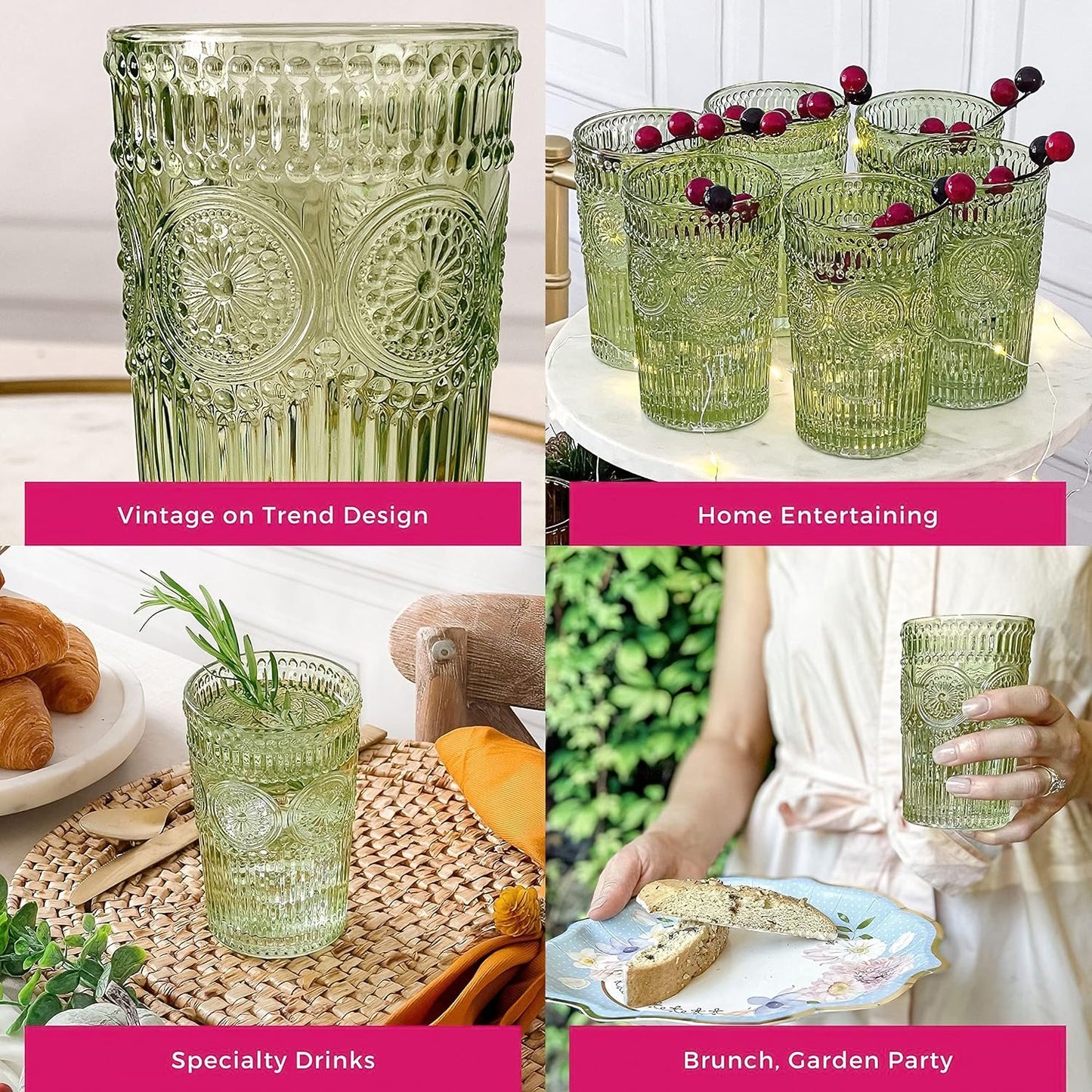 Kate Aspen Vintage Textured Aqua Blue Striped Drinking Glasses Set of 6-13 oz Ribbed Glassware with Flower Design | Cocktail Set, Juice Glass, Water Tumbler