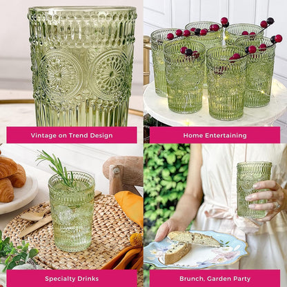 Kate Aspen Vintage Textured Aqua Blue Striped Drinking Glasses Set of 6-13 oz Ribbed Glassware with Flower Design | Cocktail Set, Juice Glass, Water Tumbler